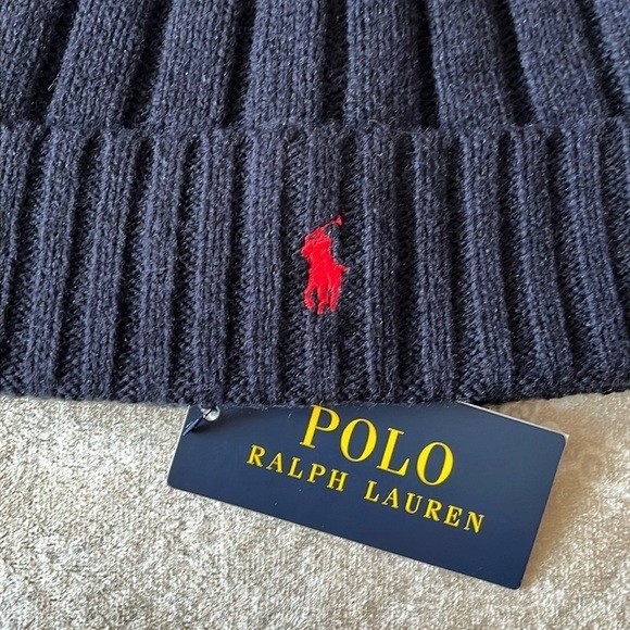 Brand New Polo Ralph Lauren Navy Blue Knit w/ Red Pony 50% Wool Beanie Hat - Picture 6 of 11